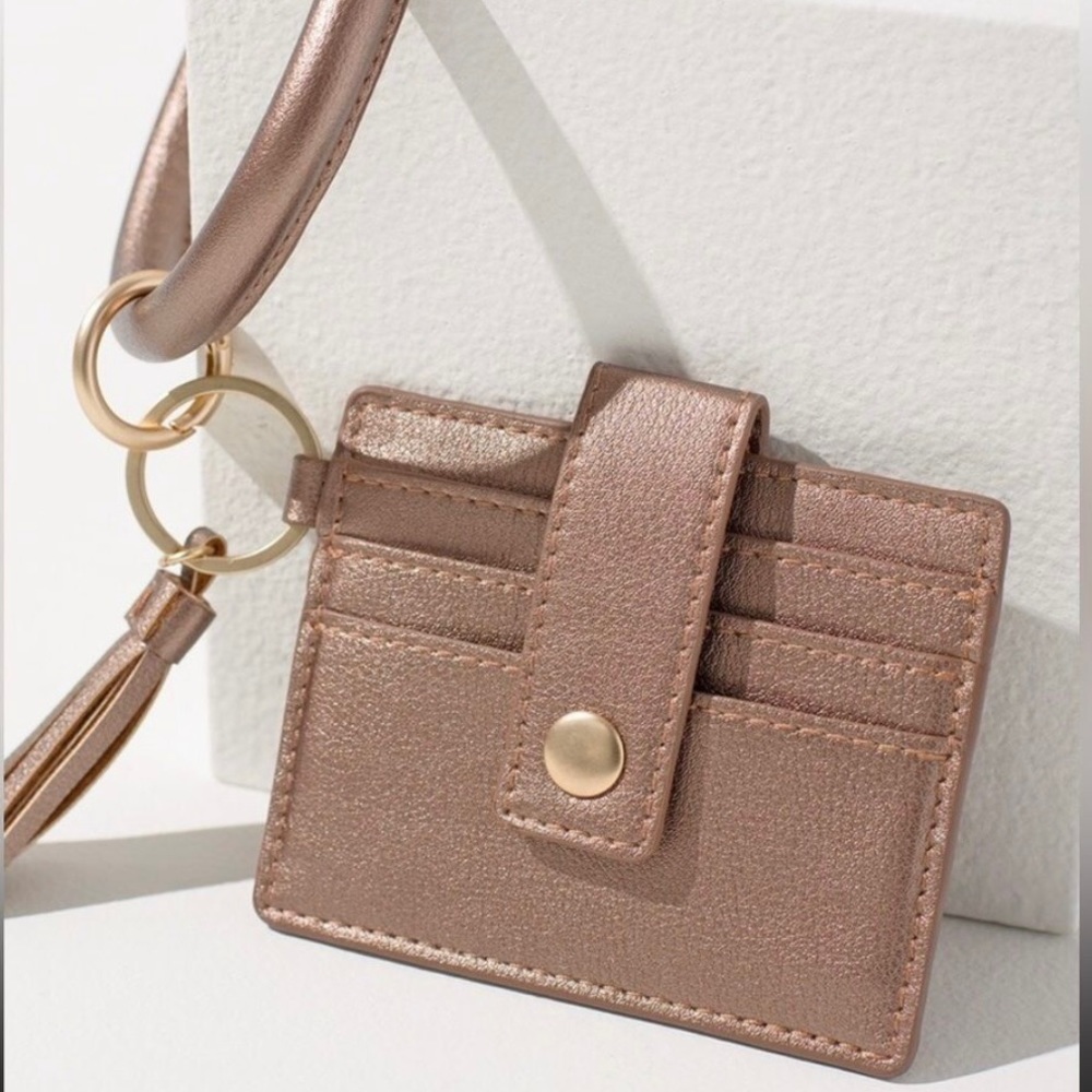 NEW Chico's Mini Card Holder Wristlet Wallet Bronze Minimalist Neutral Travel